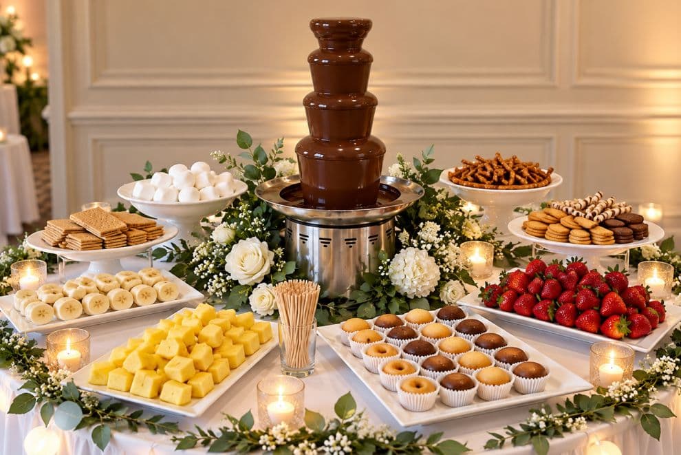 Chocolate fountain dessert table with strawberries and pastries