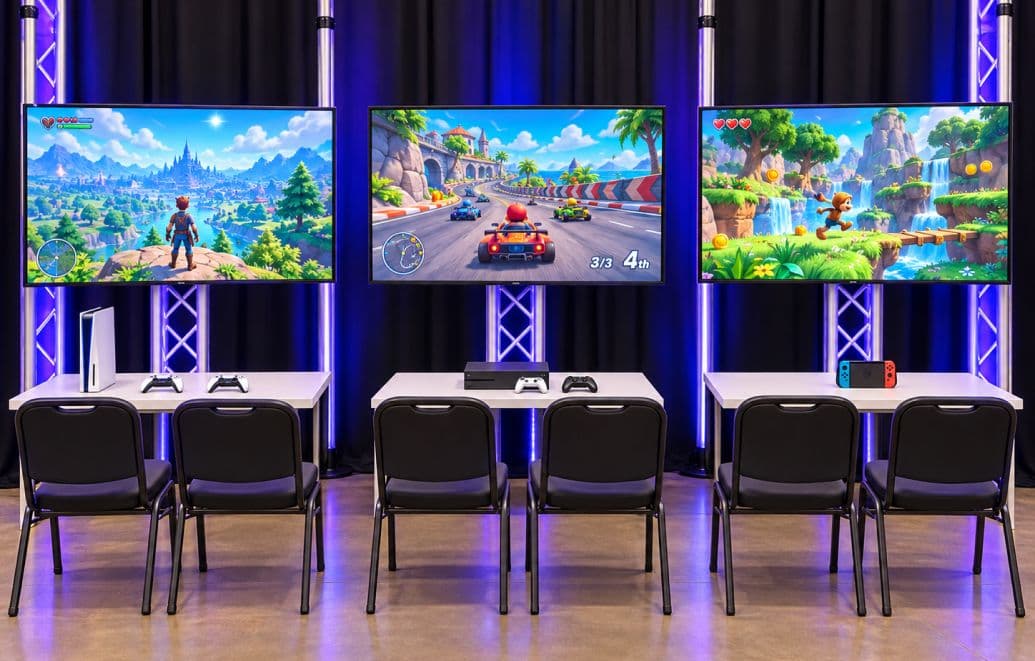 Gaming tournament setup with 65-inch TVs on truss and console stations