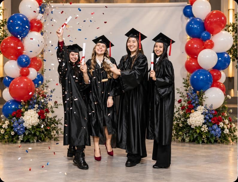 Graduates celebrating in front of a balloon photo backdrop